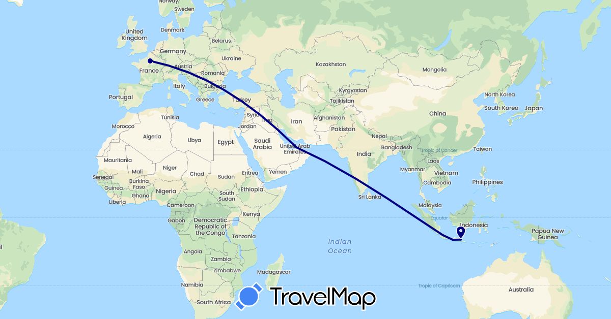 TravelMap itinerary: driving in United Arab Emirates, France, Indonesia (Asia, Europe)